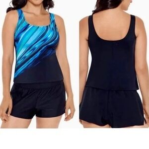 NWT Reebok Glowing Strong Printed Scoop Neck Blue Tankini Swim Top Size 18